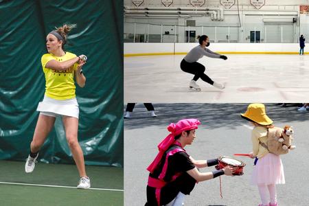 Group of students playing tennis, ice skating, and helping a child play a drum