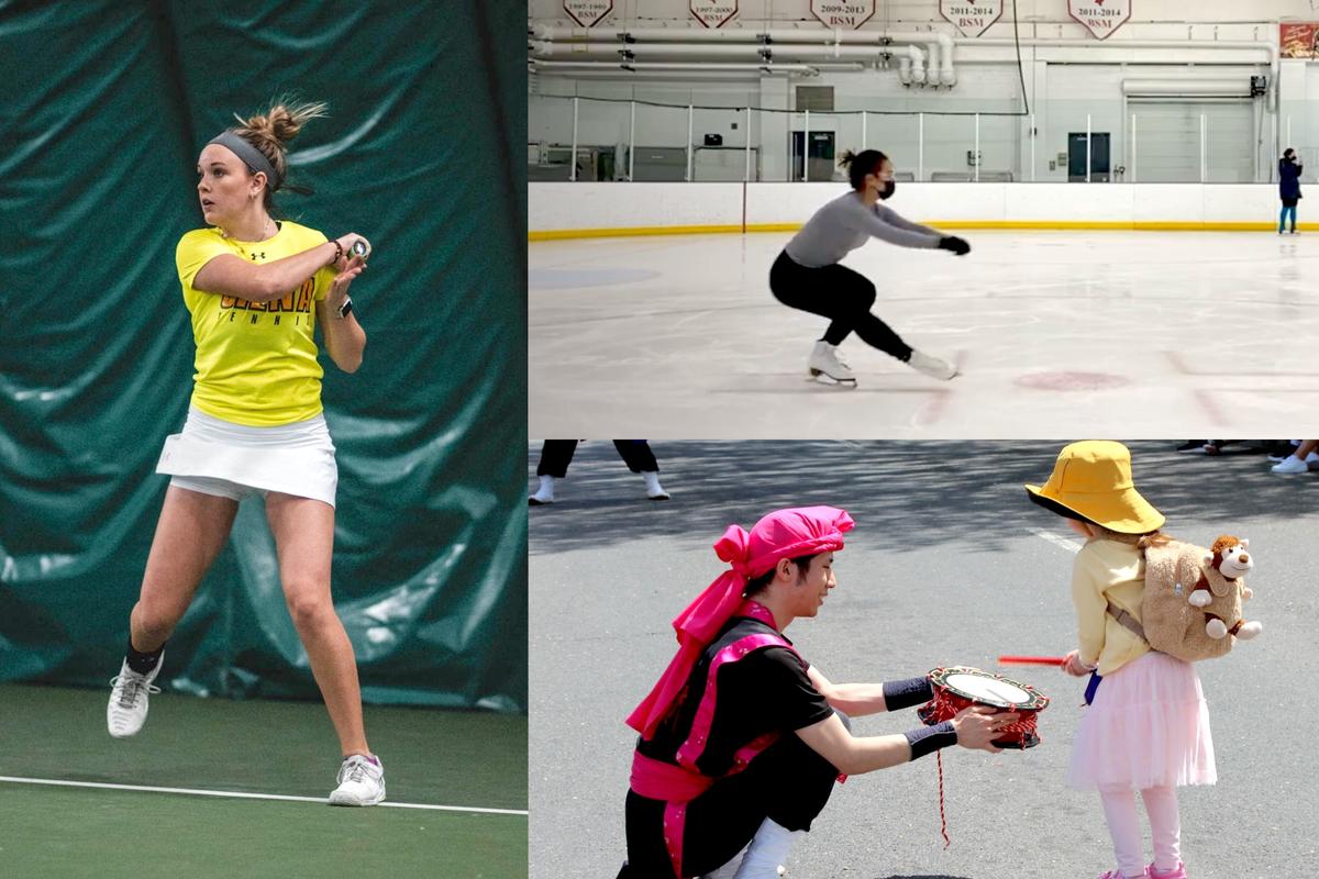 Group of students playing tennis, ice skating, and helping a child play a drum