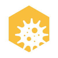 Yellow hexagon with an illustrated virus particle